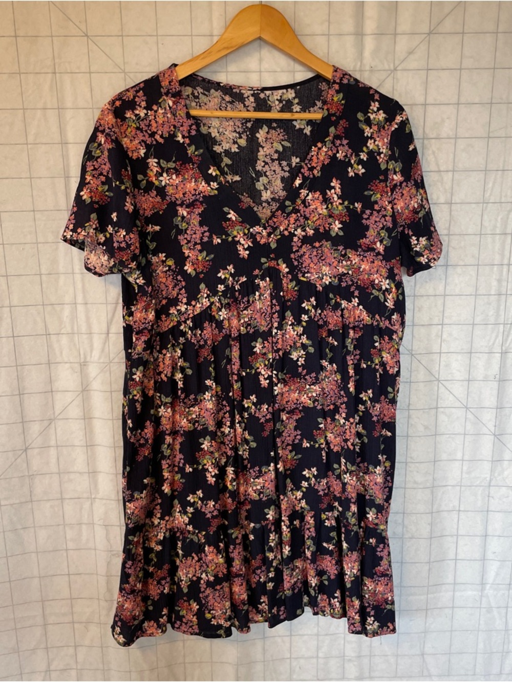 Navy with Multicolor Floral Print Short Dress with V-neck size M